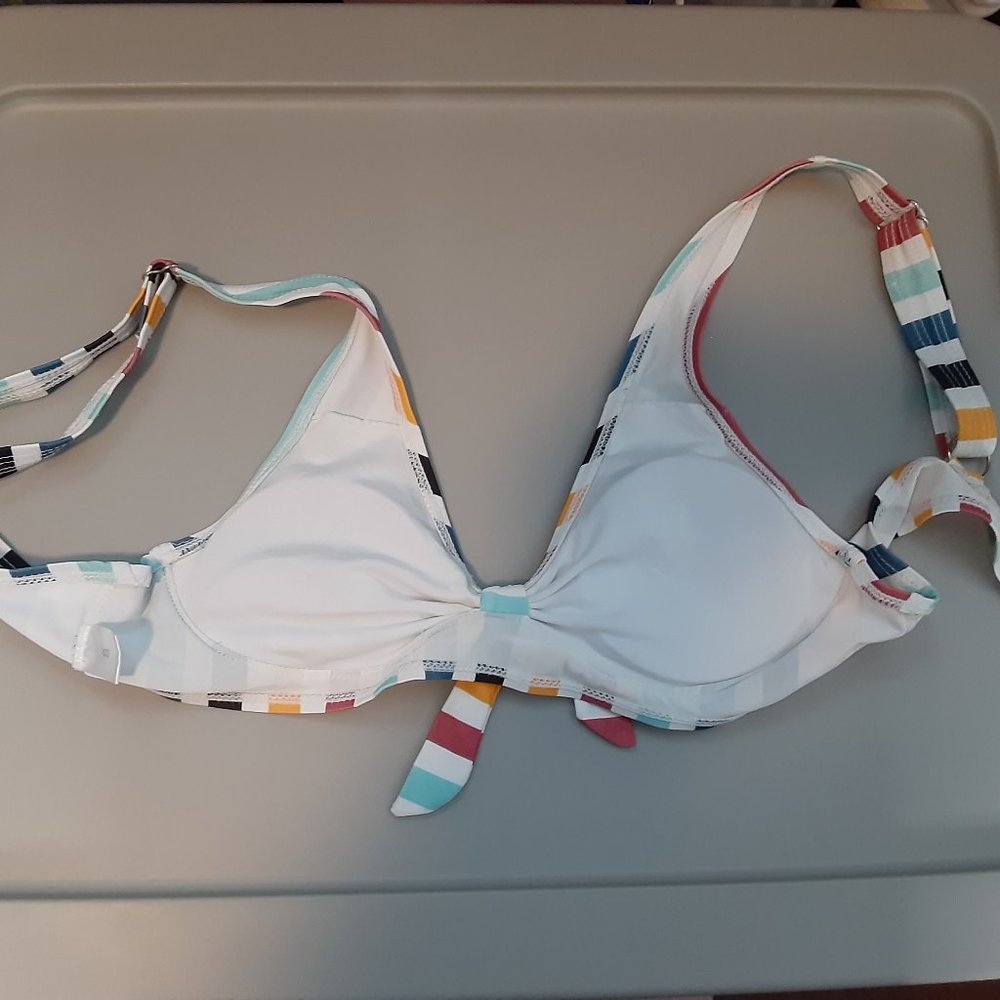 White/Red/Blue/Yellow/Black Multicolored Striped Tie Bust Bikini Top - Picture 11 of 14
